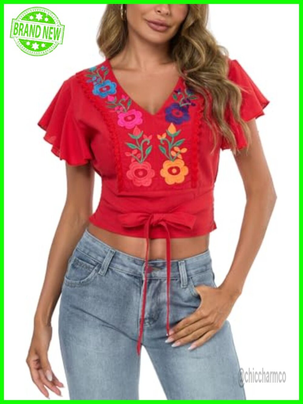 Women's V Neck Tie Front Crop Top Ruffle Sleeve Boho Peasant Blouse